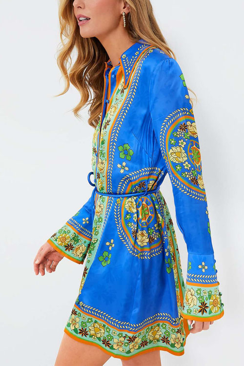 Nonnadress Collared Tie-waist Printed Vacation Dress