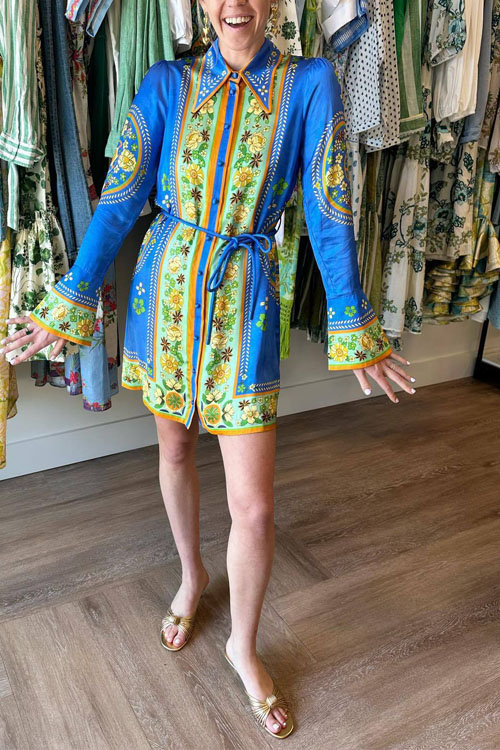 Nonnadress Collared Tie-waist Printed Vacation Dress