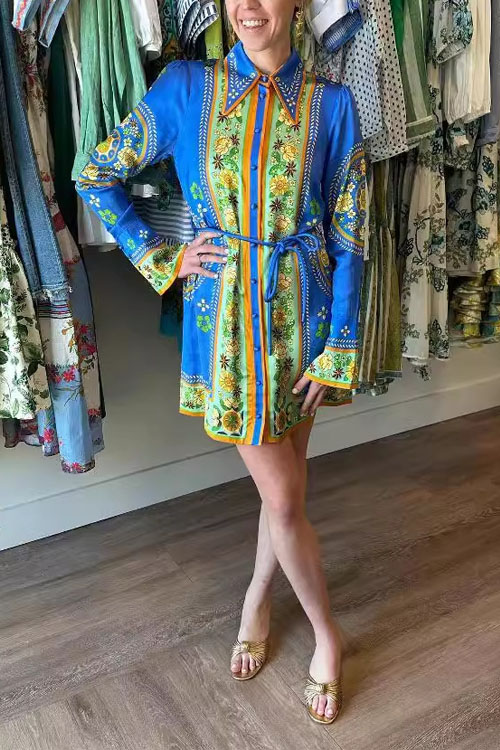 Nonnadress Collared Tie-waist Printed Vacation Dress