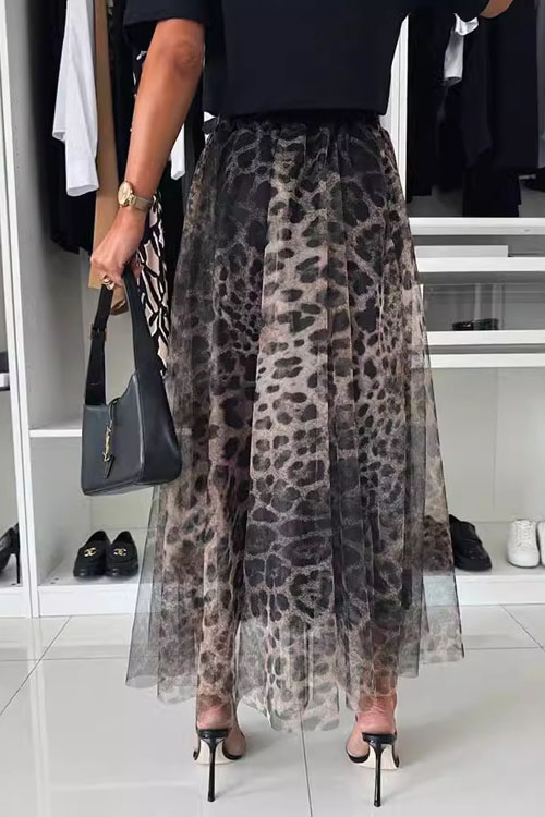Nonnadress Leopard Print Elastic Waist Flowy Chiffon Midi Skirt