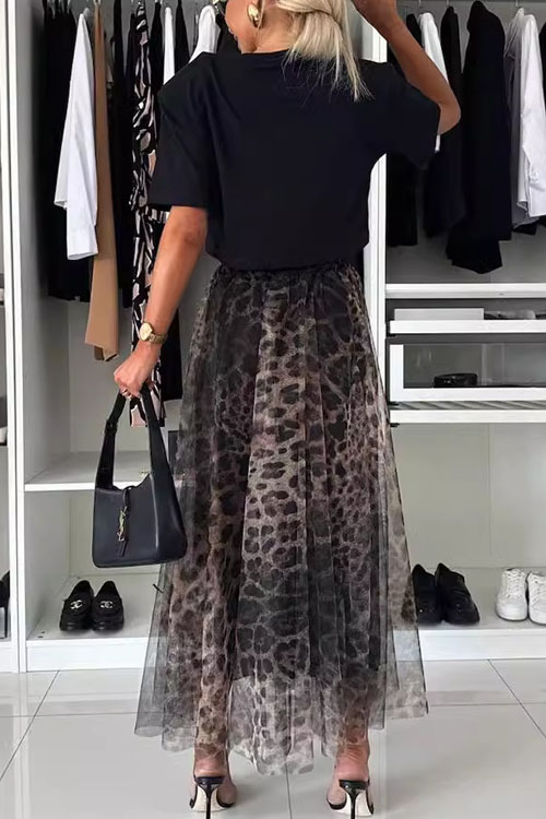 Nonnadress Leopard Print Elastic Waist Flowy Chiffon Midi Skirt