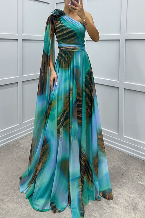 Nonnadress One-Shoulder Chiffon Print Party Dress