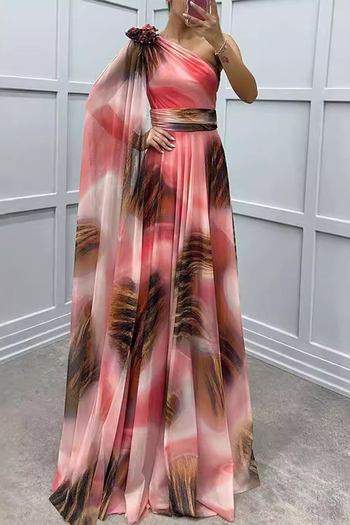 Nonnadress One-Shoulder Chiffon Print Party Dress