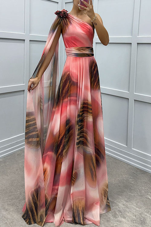 Nonnadress One-Shoulder Chiffon Print Party Dress
