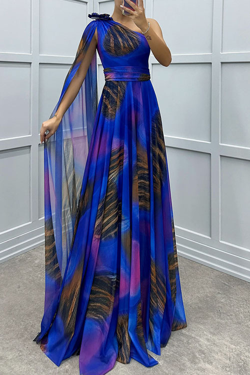 Nonnadress One-Shoulder Chiffon Print Party Dress