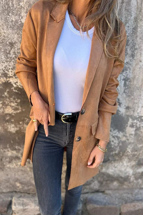 Nonnadress Suede Lapel Long Sleeve Coat