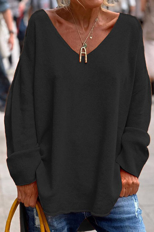 Nonnadress Solid Color V-Neck Long Sleeve Loose Casual Top