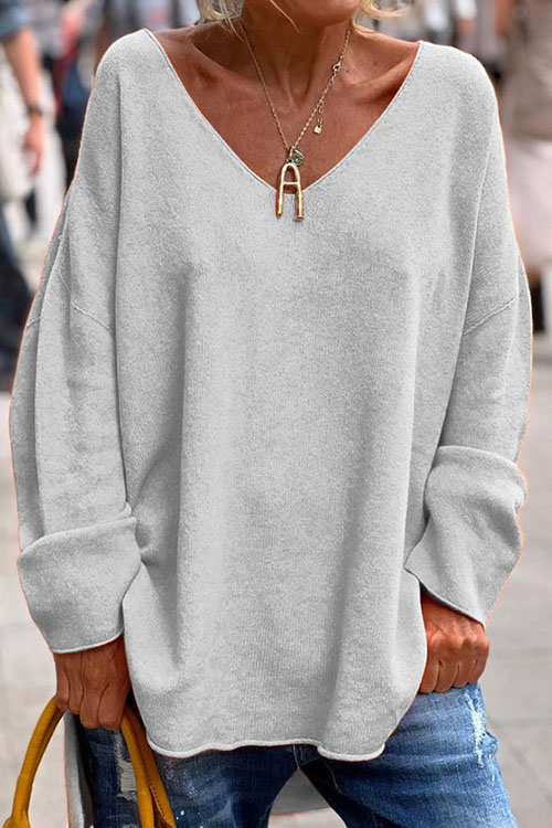 Nonnadress Solid Color V-Neck Long Sleeve Loose Casual Top