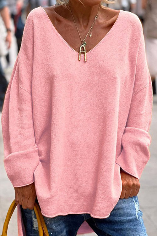 Nonnadress Solid Color V-Neck Long Sleeve Loose Casual Top
