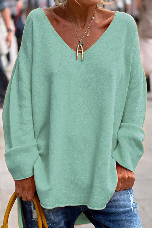 Nonnadress Solid Color V-Neck Long Sleeve Loose Casual Top