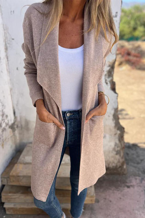 Nonnadress Lapel Solid Color Pocket Wool Cardigan Coat