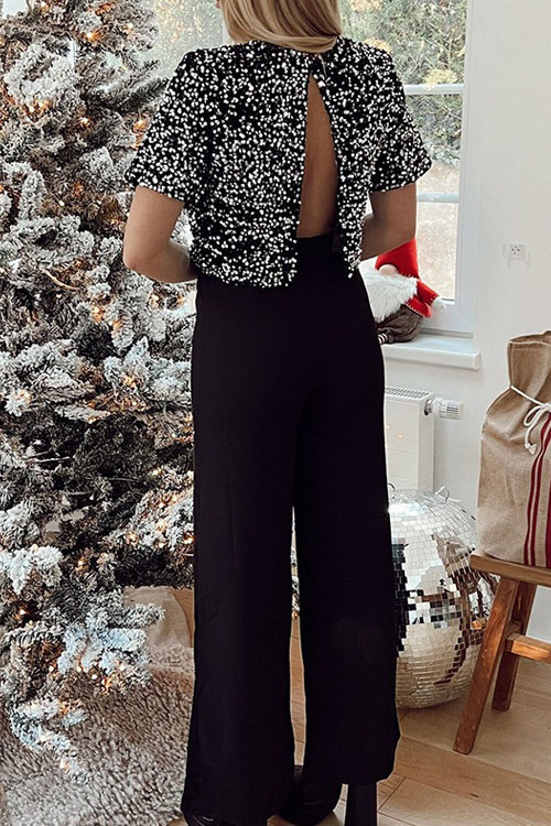Nonnadress Sequin Pocket Backless Slit Straight-Leg Jumpsuit