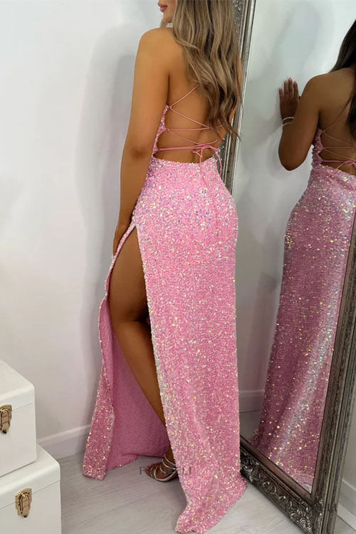 Nonnadress Spaghetti Strap Sequin Slit Evening Gown