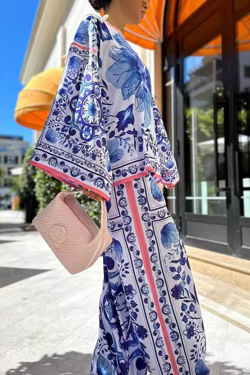 Nonnadress  Blue and White Porcelain Print Top and Pants Casual Two-Piece Set