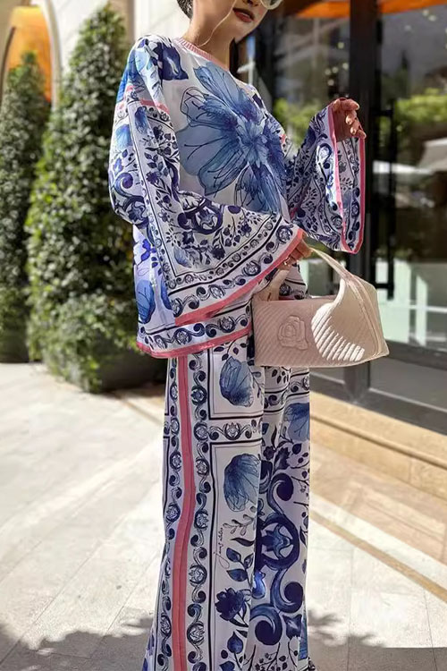 Nonnadress  Blue and White Porcelain Print Top and Pants Casual Two-Piece Set