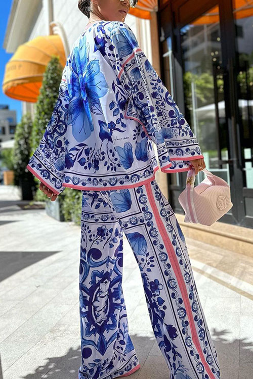 Nonnadress  Blue and White Porcelain Print Top and Pants Casual Two-Piece Set