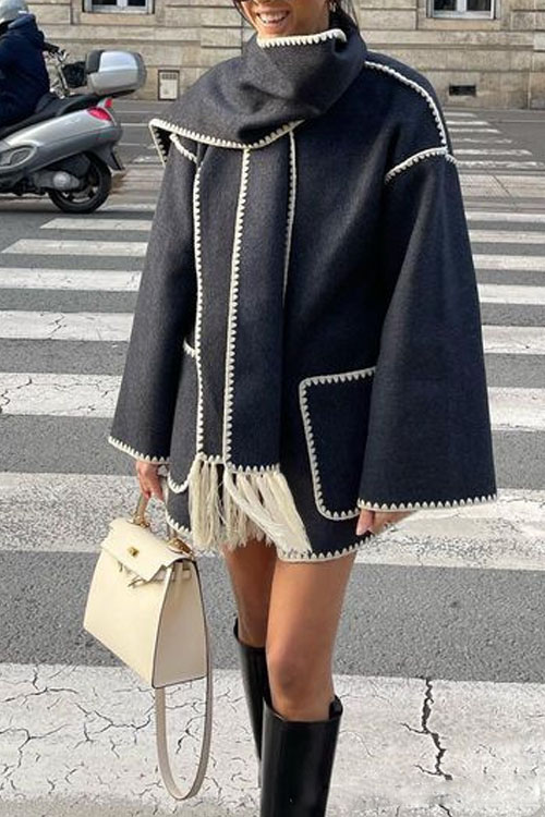 Nonnadress Thick Woolen Loose Coat and Tassel Scarf