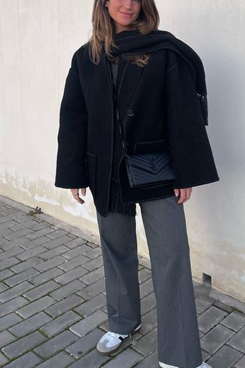 Nonnadress Thick Woolen Loose Coat and Tassel Scarf