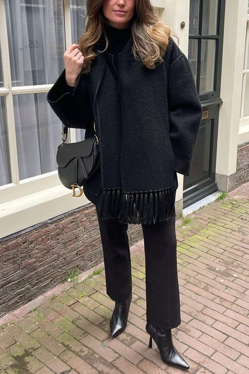 Nonnadress Thick Woolen Loose Coat and Tassel Scarf