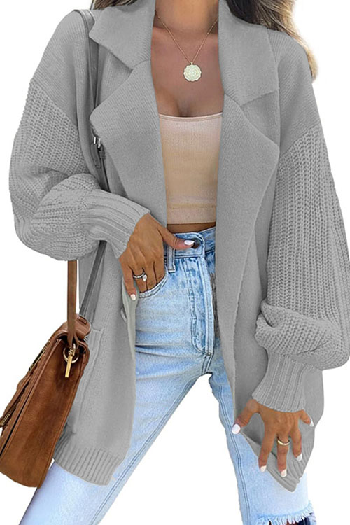 Nonnadress Solid Color Blazer Collar Knitted Cardigan Sweater