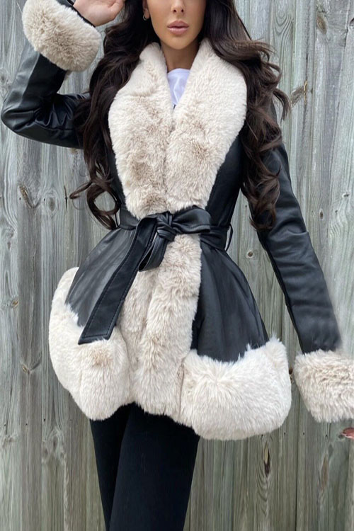 Nonnadress PU Leather Large Fur Collar Belted Waist Slim Fit Patchwork Design Coat