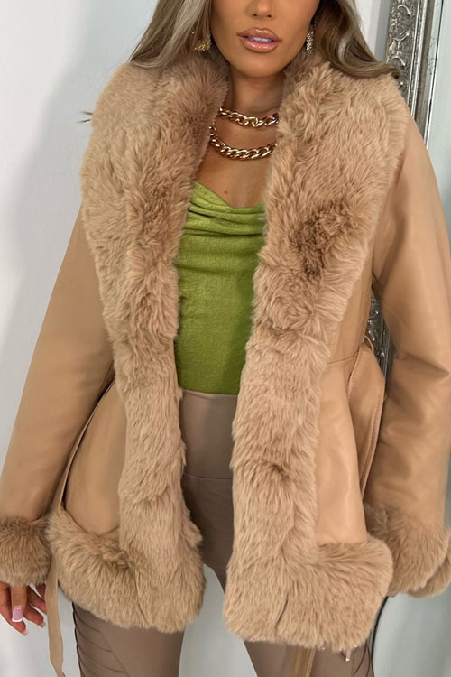 Nonnadress PU Leather Large Fur Collar Belted Waist Slim Fit Patchwork Design Coat