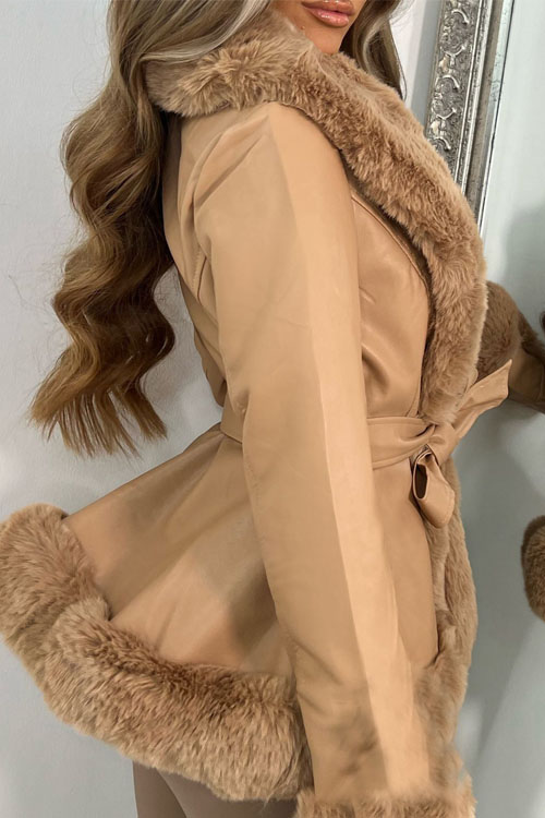 Nonnadress PU Leather Large Fur Collar Belted Waist Slim Fit Patchwork Design Coat