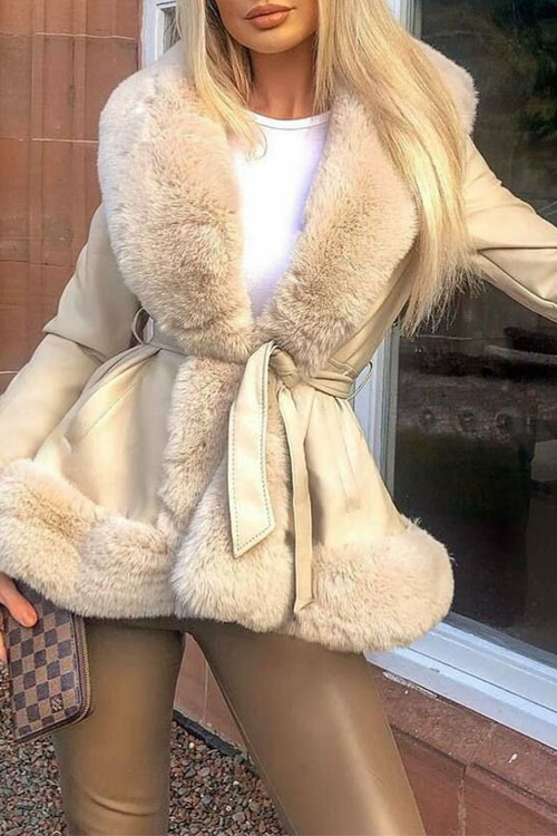 Nonnadress PU Leather Large Fur Collar Belted Waist Slim Fit Patchwork Design Coat