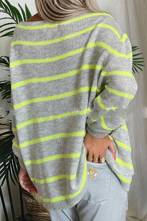Nonnadress Solid Color Contrast Striped Pullover Crew Neck Oversized Sweater