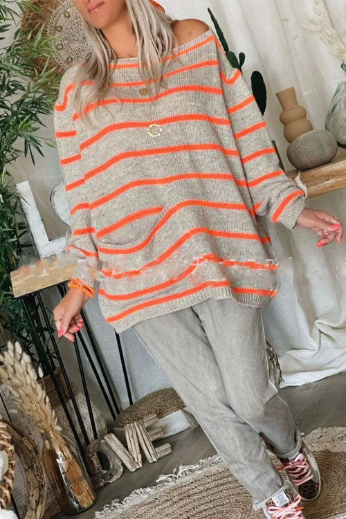 Nonnadress Solid Color Contrast Striped Pullover Crew Neck Oversized Sweater