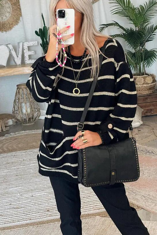 Nonnadress Solid Color Contrast Striped Pullover Crew Neck Oversized Sweater