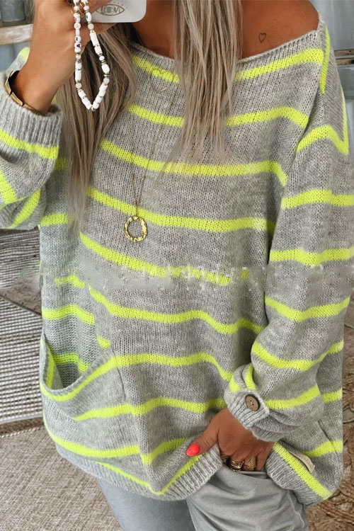 Nonnadress Solid Color Contrast Striped Pullover Crew Neck Oversized Sweater