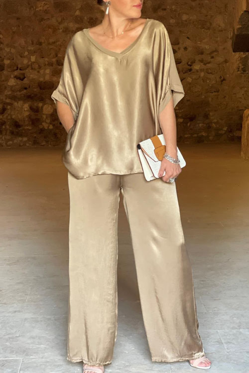 Nonnadress Loose V-neck Casual Top & Wide-leg Pants Set