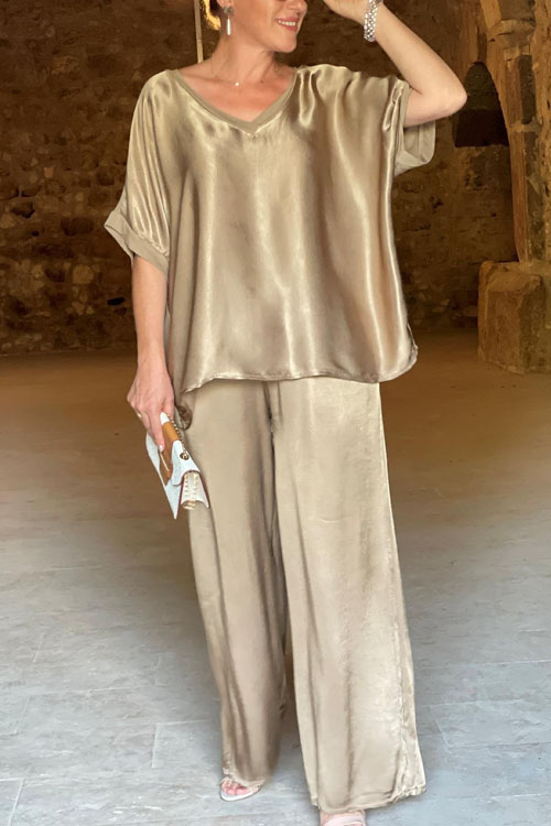 Nonnadress Loose V-neck Casual Top & Wide-leg Pants Set