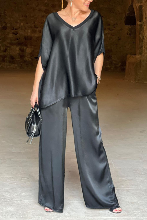 Nonnadress Loose V-neck Casual Top & Wide-leg Pants Set