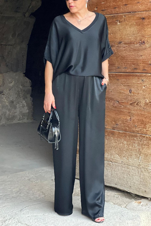 Nonnadress Loose V-neck Casual Top & Wide-leg Pants Set