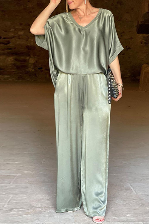 Nonnadress Loose V-neck Casual Top & Wide-leg Pants Set