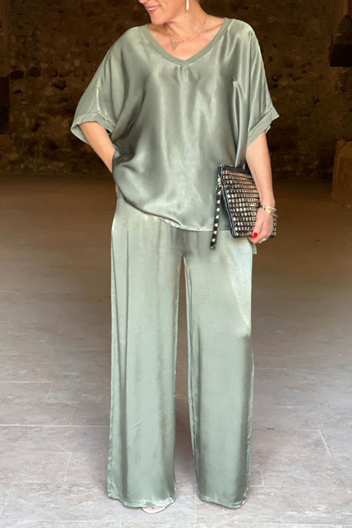 Nonnadress Loose V-neck Casual Top & Wide-leg Pants Set