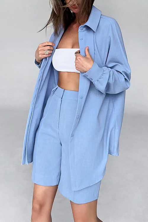 Nonnadress Casual Long Sleeve Shirt and Loose Shorts Two-piece Set