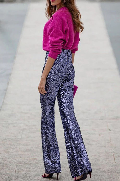 Nonnadress Party Sequin Elastic Waist Slim Fit Stretch Flare Pants