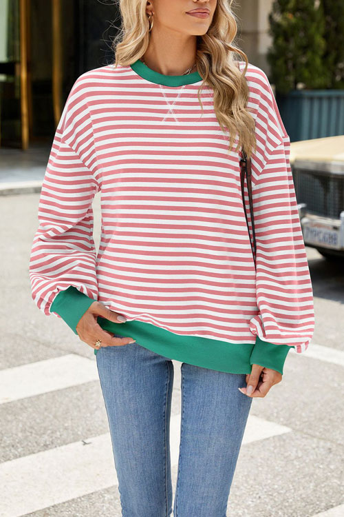 Nonnadress Striped Crewneck Color-block Loose Sweatshirt Jacket