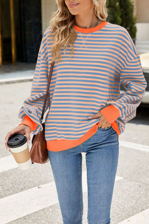 Nonnadress Striped Crewneck Color-block Loose Sweatshirt Jacket