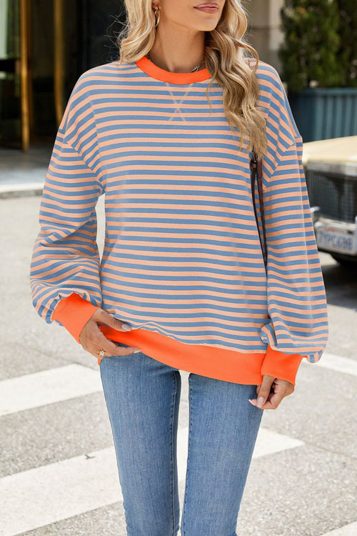 Nonnadress Striped Crewneck Color-block Loose Sweatshirt Jacket