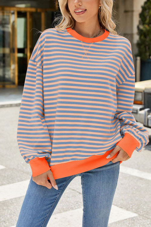 Nonnadress Striped Crewneck Color-block Loose Sweatshirt Jacket