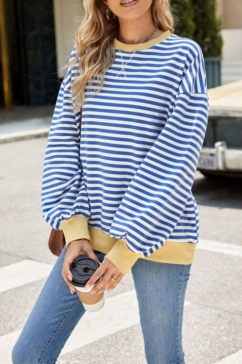 Nonnadress Striped Crewneck Color-block Loose Sweatshirt Jacket