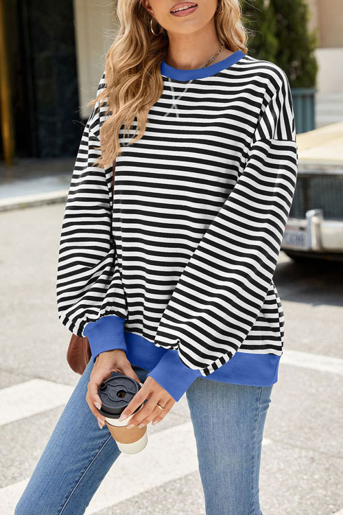 Nonnadress Striped Crewneck Color-block Loose Sweatshirt Jacket