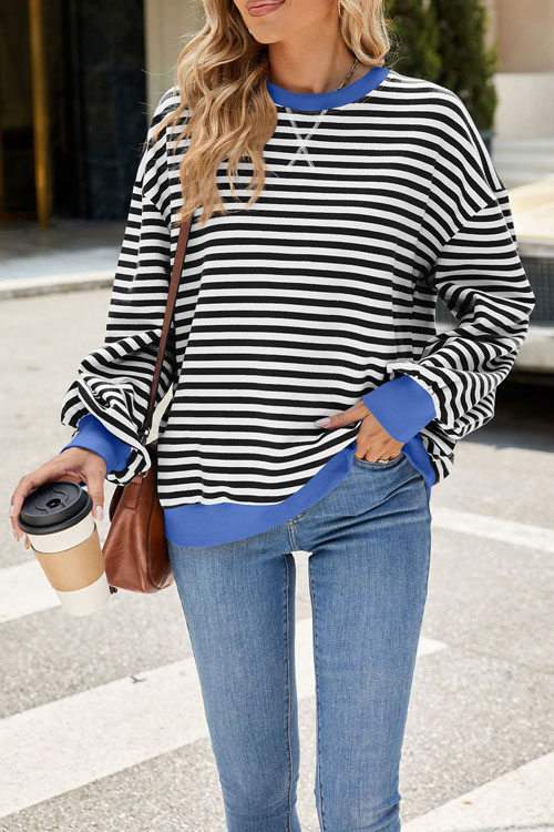 Nonnadress Striped Crewneck Color-block Loose Sweatshirt Jacket