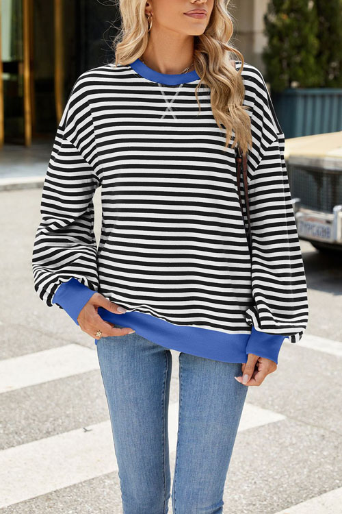 Nonnadress Striped Crewneck Color-block Loose Sweatshirt Jacket