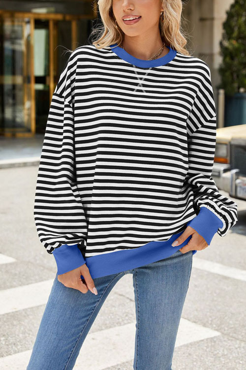 Nonnadress Striped Crewneck Color-block Loose Sweatshirt Jacket