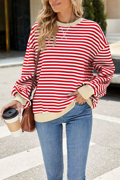 Nonnadress Striped Crewneck Color-block Loose Sweatshirt Jacket